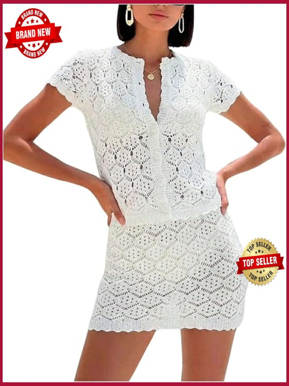 Two Piece Crochet Knit Cardigan & Mini Skirt Set Summer Beach Vacation Resort